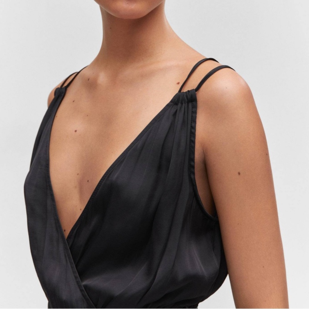 Main Strip Satin Pleaded V-Neck Halter Black Satin Medium Dress Jumpsuit